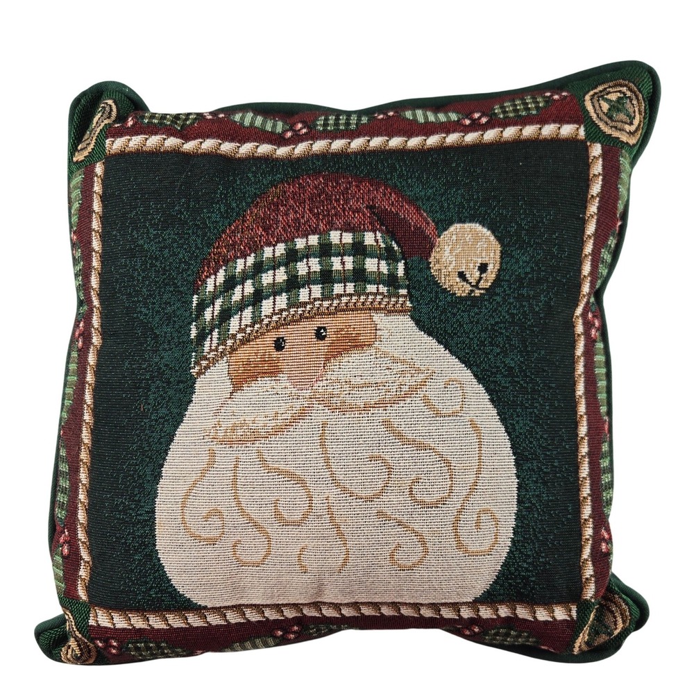 Christmas Santa Tapestry Throw Pillow Green Plaid Holiday Decor 12x12 Farmhouse